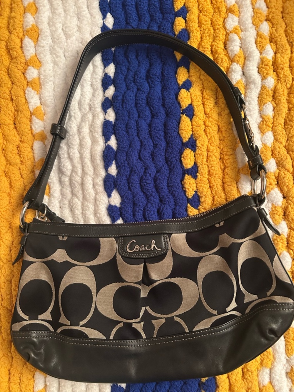 Coach Shoulder Bag in Black and Khaki Signature Canvas